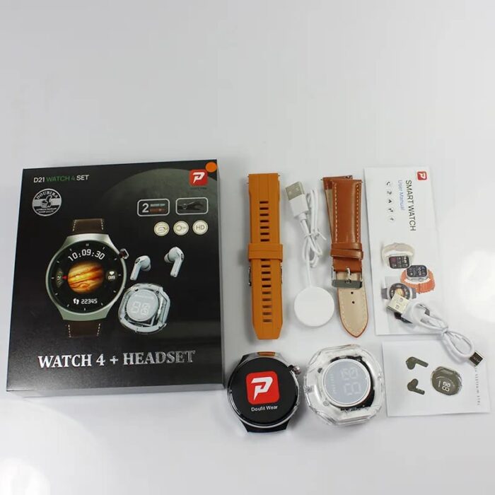 D21 Watch 4 Akıllı Saat + Bluetooth Kulaklık Seti – Çift Kordon, Manyetik Şarj - Görsel 3