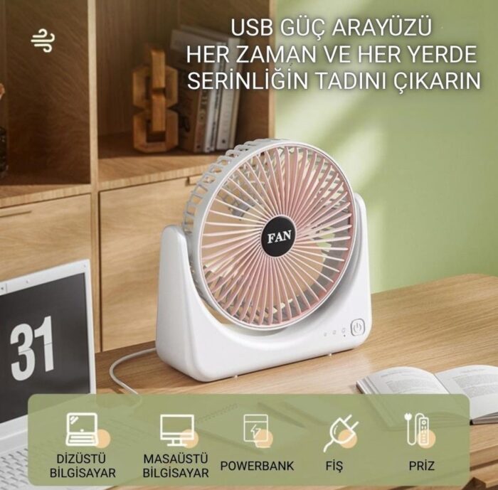 Şarjlı Masaüstü Vantilatör USB Taşınabilir Fan 3 Kademeli - Görsel 5