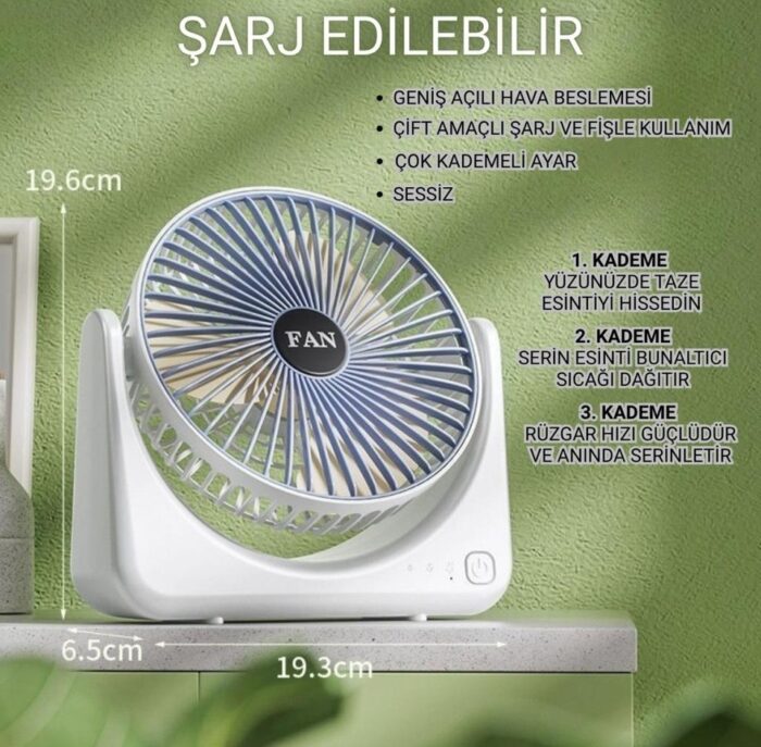 Şarjlı Masaüstü Vantilatör USB Taşınabilir Fan 3 Kademeli - Görsel 4