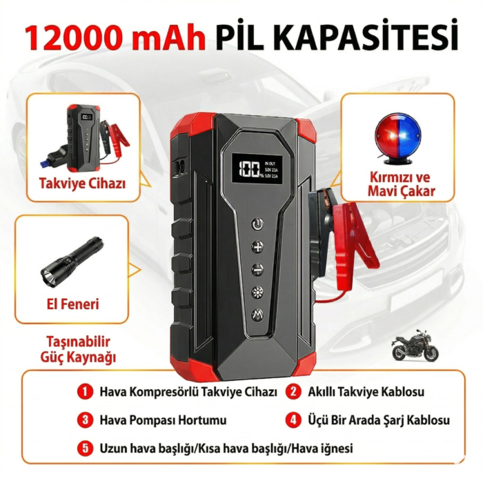 MDHL Akü Takviye Kompresörlü Powerbank Araç Acil Seti - Görsel 4