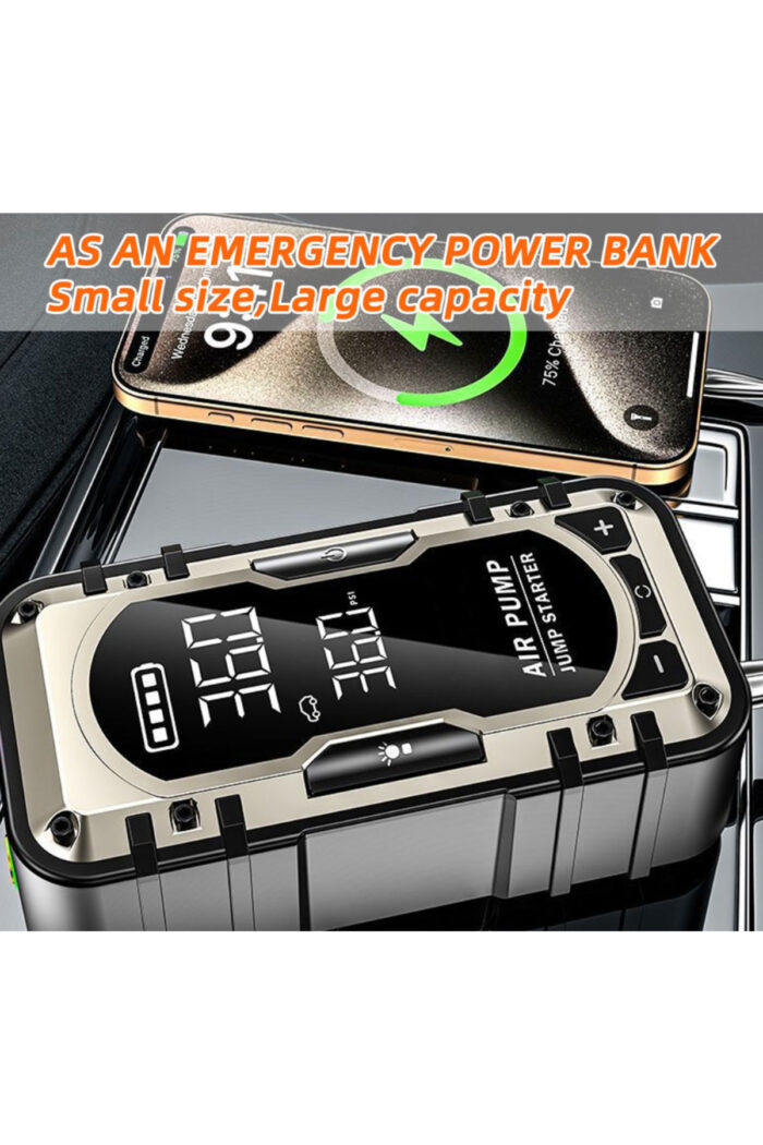 Taşınabilir Akü Takviye Cihazı 4’ü 1 Arada Lastik Şişirme Kompresörü Powerbank ve LED Işıklı Araç Acil Seti - Görsel 3
