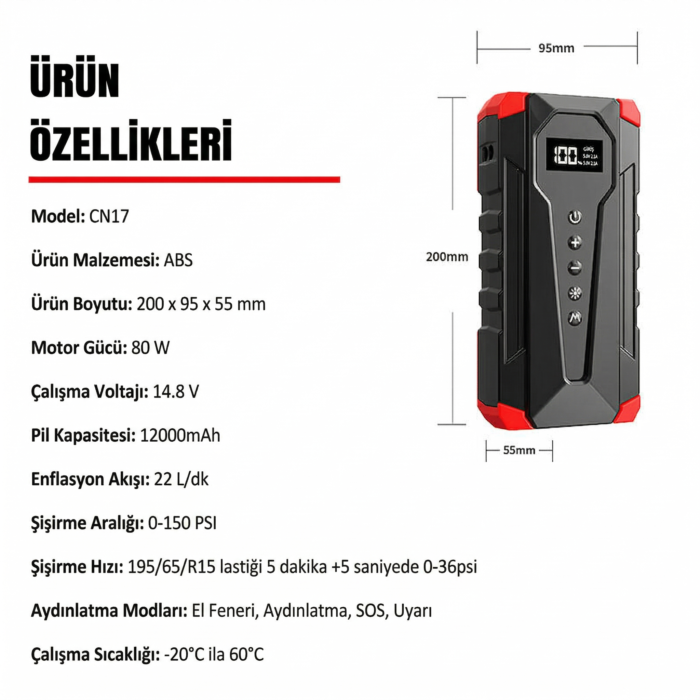 MDHL Akü Takviye Kompresörlü Powerbank Araç Acil Seti - Görsel 5